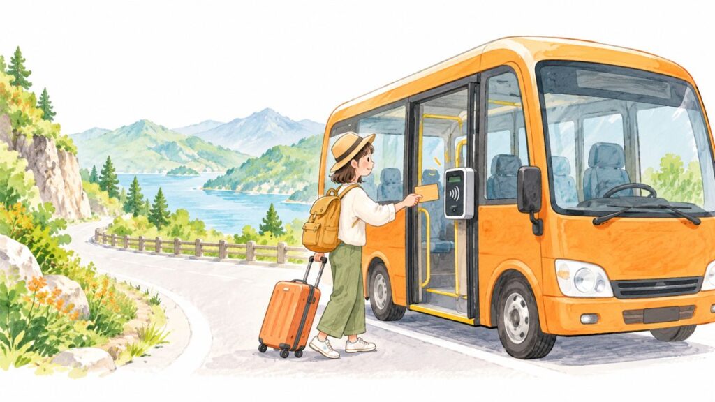 山あいを走るオレンジ色の送迎バスと、カードを持つ旅行者のイラスト
