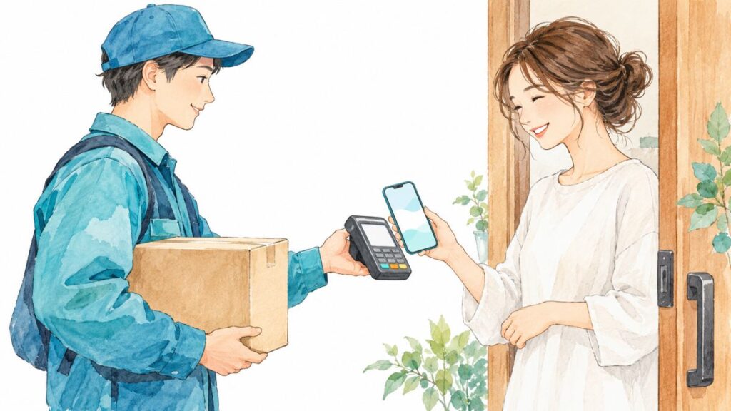 荷物の受け取り時にスマートフォンと携帯型決済端末で支払うイラスト