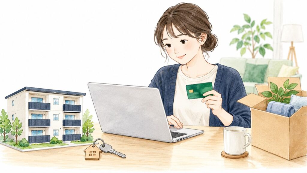 住まいの鍵と引っ越し荷物をそばに置き、カードで支払いを確認するイラスト