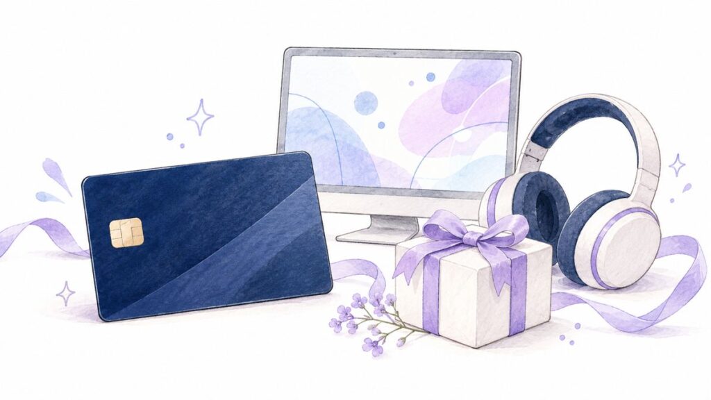 無地のカード、ヘッドセット、モニターと贈り物を組み合わせたイラスト