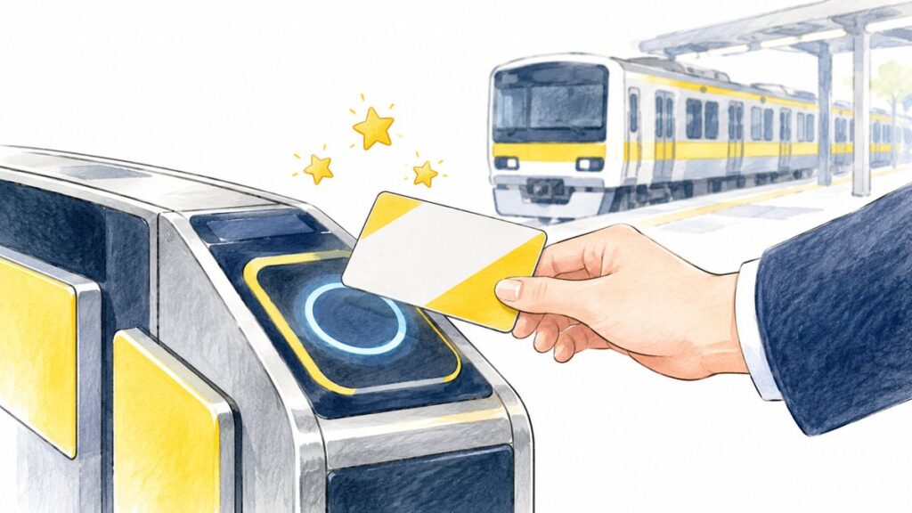 カードを改札の端末にかざし、電車に乗る様子を描いたイラスト