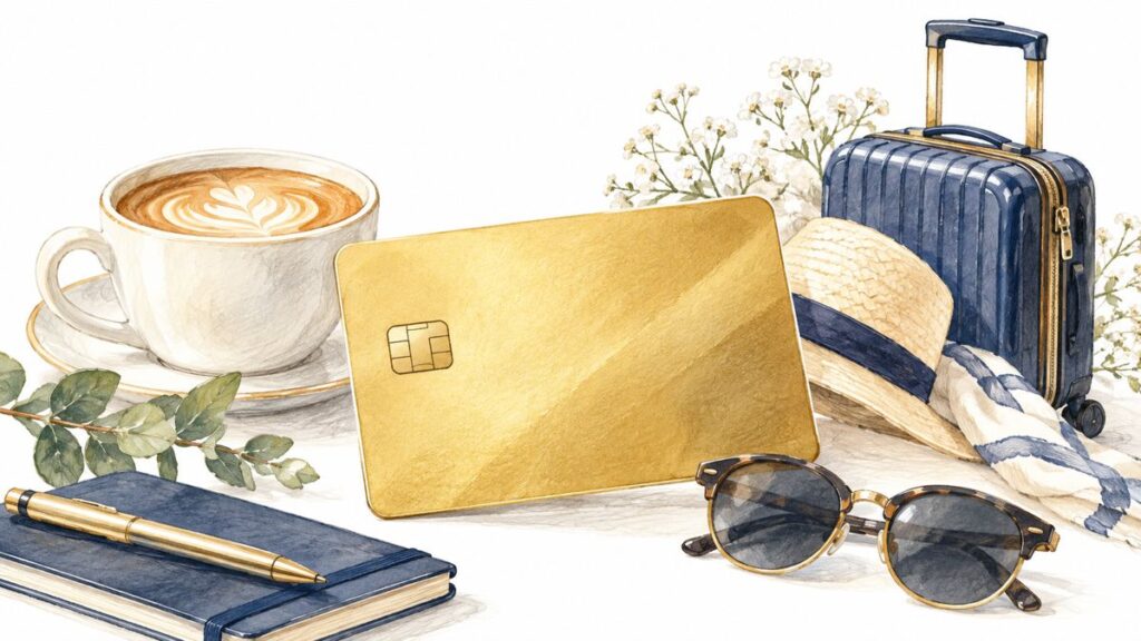 金色のカードとコーヒー、旅行かばんを組み合わせた新カードのイメージ