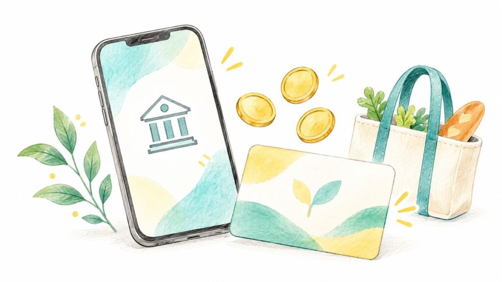 銀行アプリのスマートフォンとポイントを表す丸いアイコンのイメージ