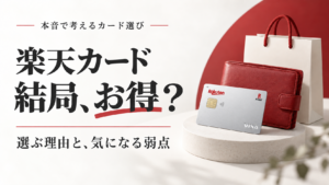 楽天カードのメリットと注意点を解説する記事のアイキャッチ。楽天カードVisaの券面を配置。