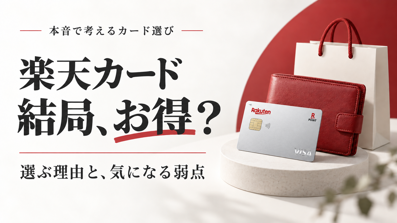 楽天カードのメリットと注意点を解説する記事のアイキャッチ。楽天カードVisaの券面を配置。