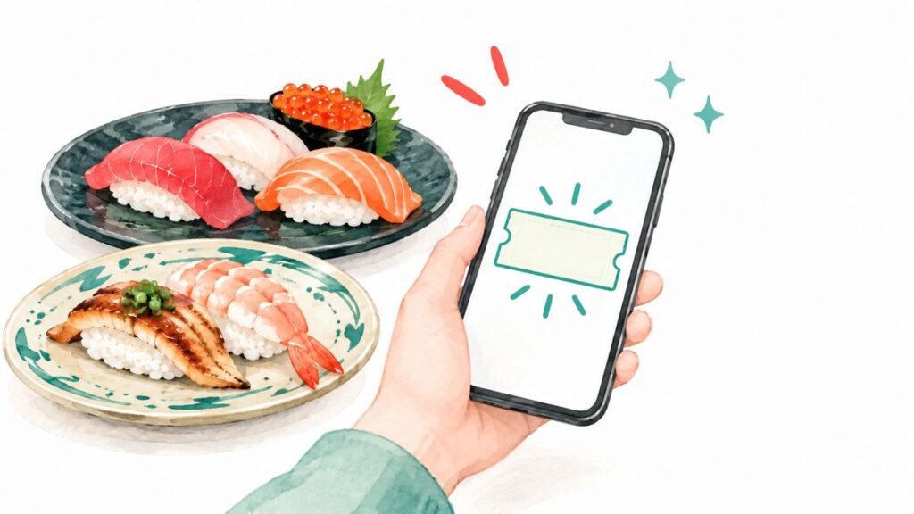 寿司の皿とスマートフォンで店頭決済するイメージ