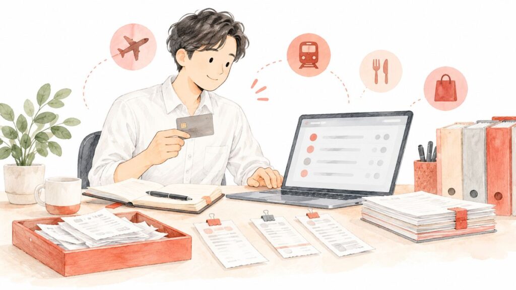 法人カードとノートパソコンで経費や請求書を管理するイメージ