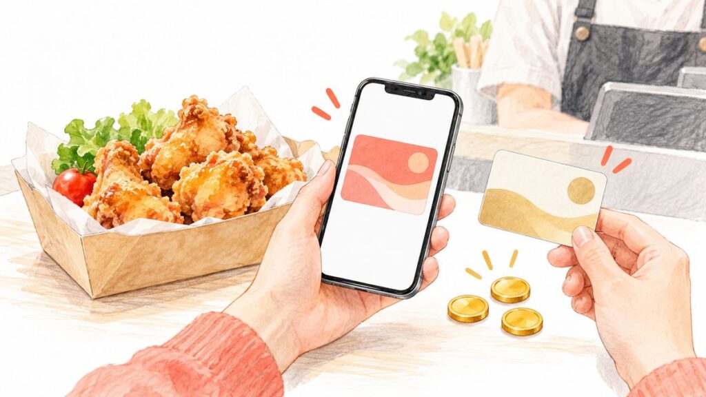チキンの買い物でスマートフォンの会員証とポイントカードを提示するイメージ