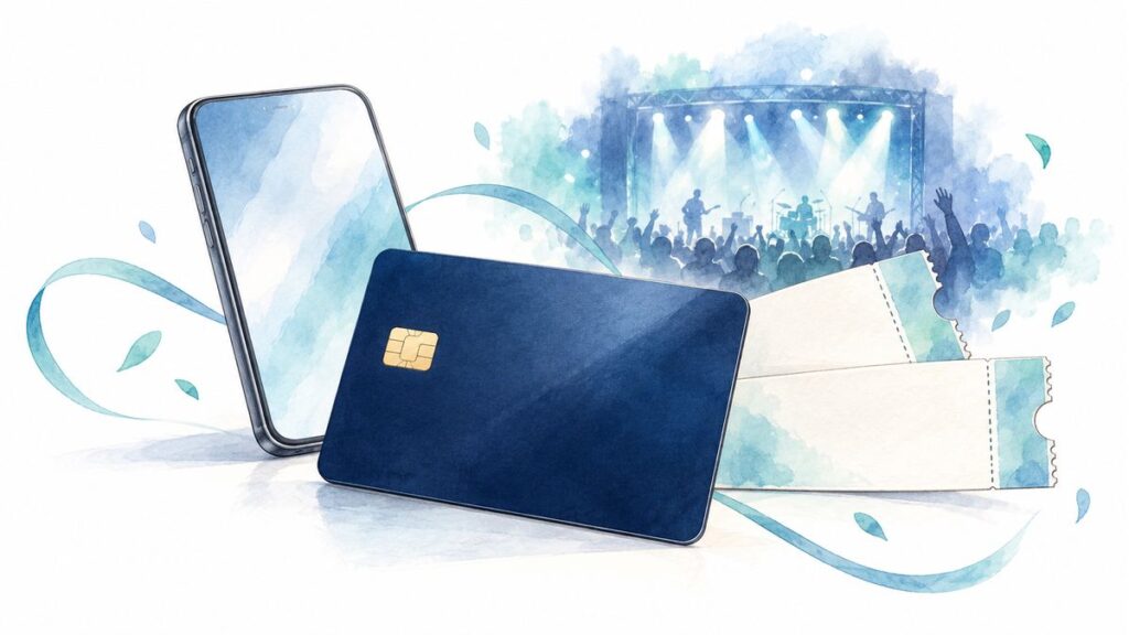 番号のないクレジットカードとスマートフォン、コンサートチケットのイメージ