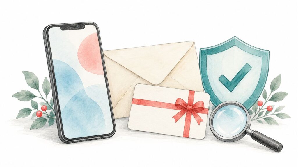 スマートフォンと封筒、盾、虫眼鏡でポイントコードの配布元を確認するイメージ