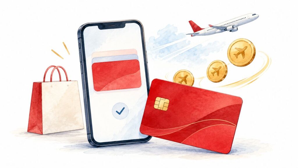 スマートフォン決済とクレジットカード、飛行機、マイルを表すイメージ