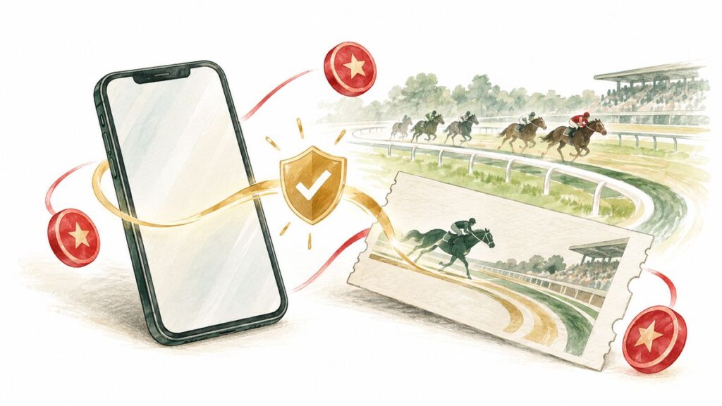 スマートフォンと競馬場、本人確認、ポイント特典を表すイメージ