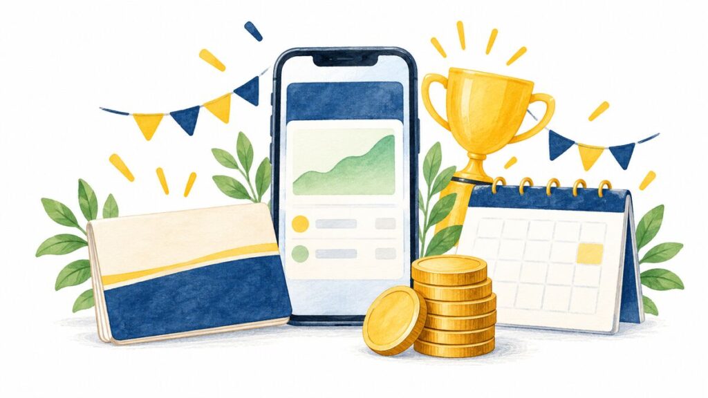 スマートフォンの銀行画面、通帳、コイン、1カ月のカレンダーを描いたイメージ