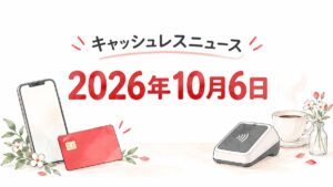 キャッシュレスニュース、2026年10月6日と記したカードとスマートフォンのイラスト