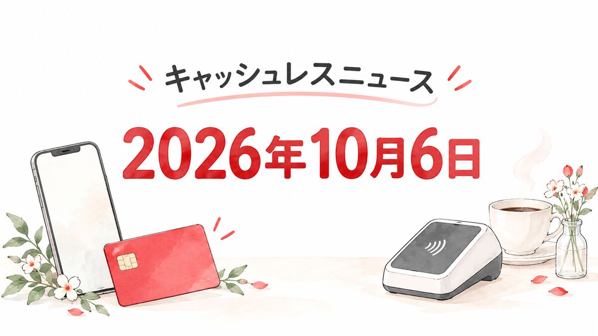 キャッシュレスニュース、2026年10月6日と記したカードとスマートフォンのイラスト