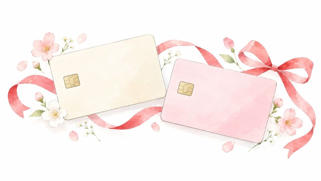 花とリボンに囲まれたクリーム色とピンク色の架空のクレジットカード