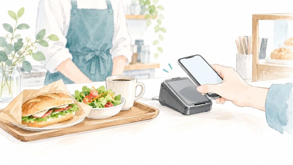 ランチのパンとサラダのそばでスマートフォンを決済端末にかざす様子
