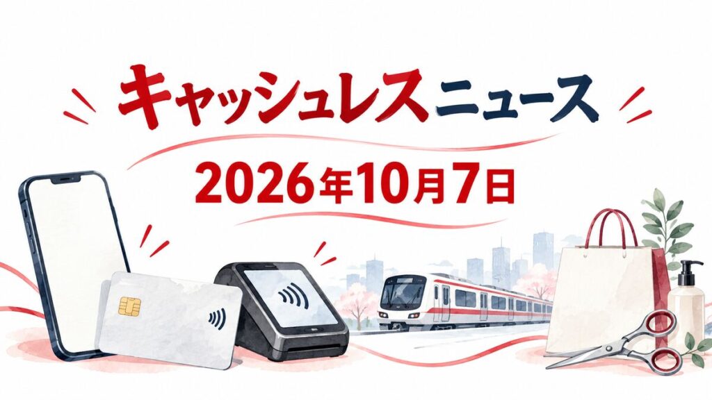 キャッシュレスニュースの題字と2026年10月7日の日付、カードや決済端末を描いたアイキャッチ