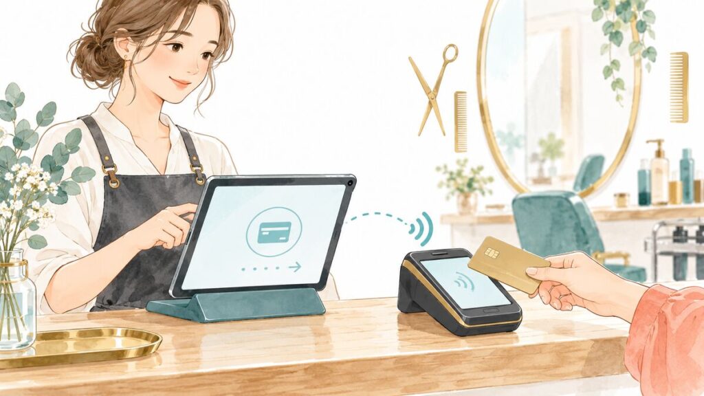 美容サロンの会計でタブレットPOSと決済端末を連携するイラスト