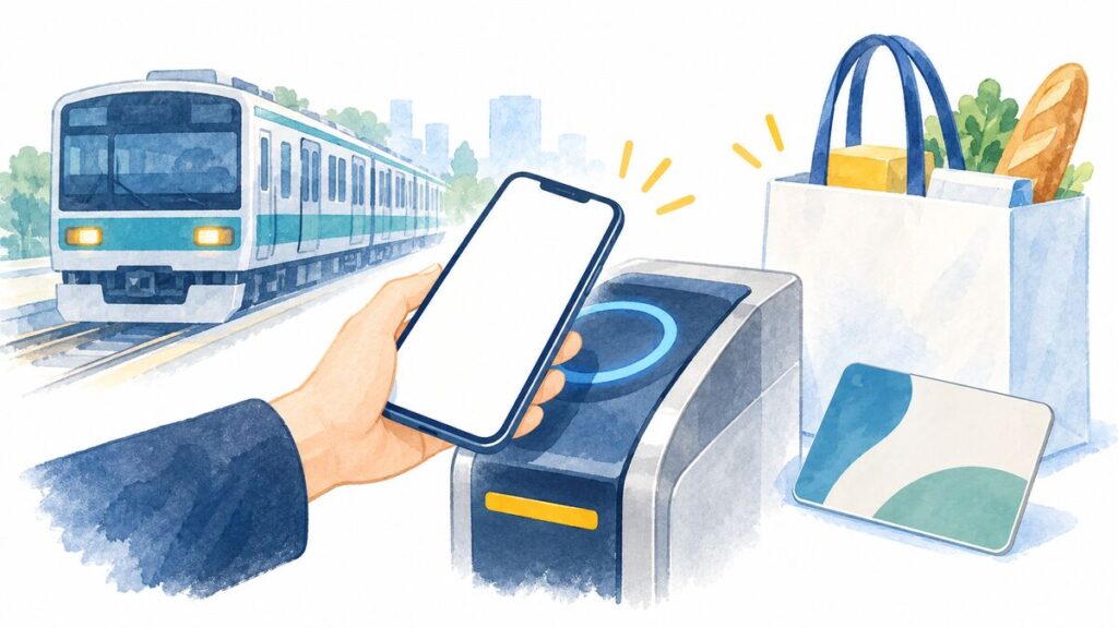 電車と買い物袋のそばでスマートフォンを決済端末にかざすイラスト