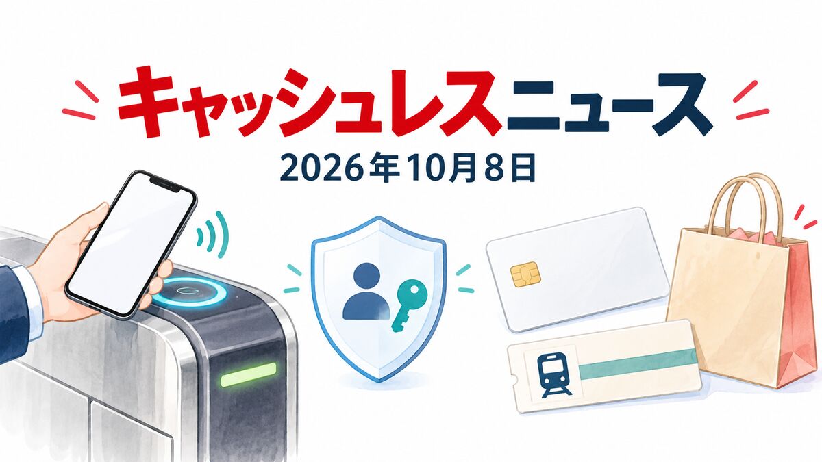 キャッシュレスニュースの題字と2026年10月8日の日付、タッチ乗車やパスキー、買い物を描いたアイキャッチ