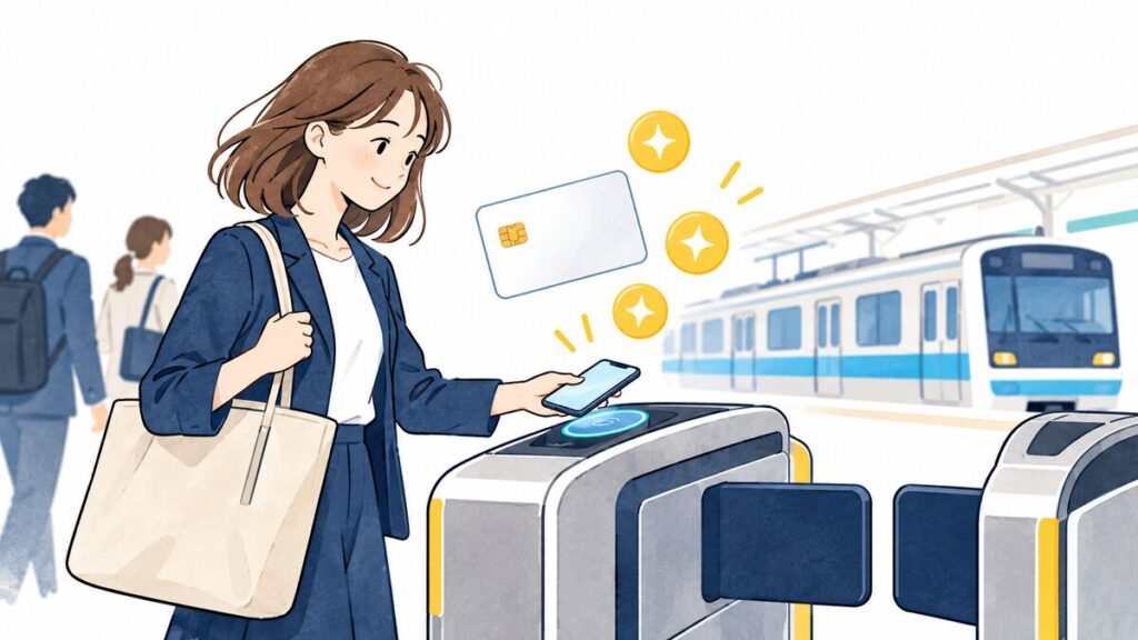 京王線の改札でスマートフォンをタッチして乗車するイラスト