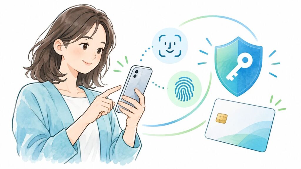 スマートフォンの顔認証・指紋認証とセキュリティを表すイラスト
