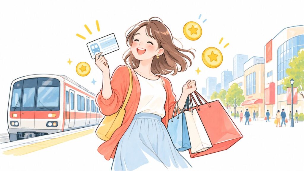 地下鉄の乗車券とショッピングポイントで街へ出かけるイラスト