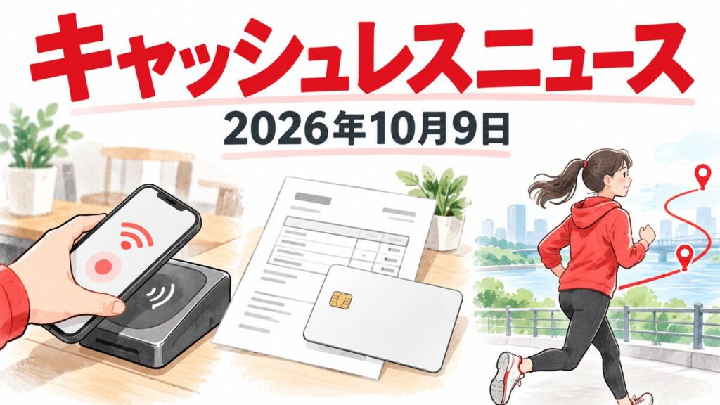 キャッシュレスニュースの題字と2026年10月9日の日付、スマホ決済や請求書カード払い、ランニングを描いたアイキャッチ