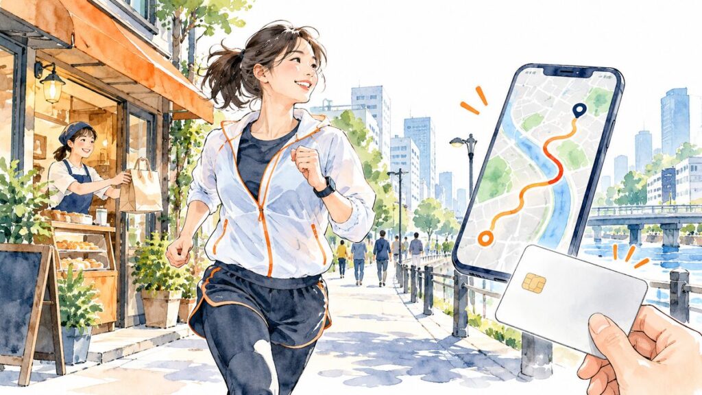 スマートフォンで走行ルートを記録し街を走る人のイラスト