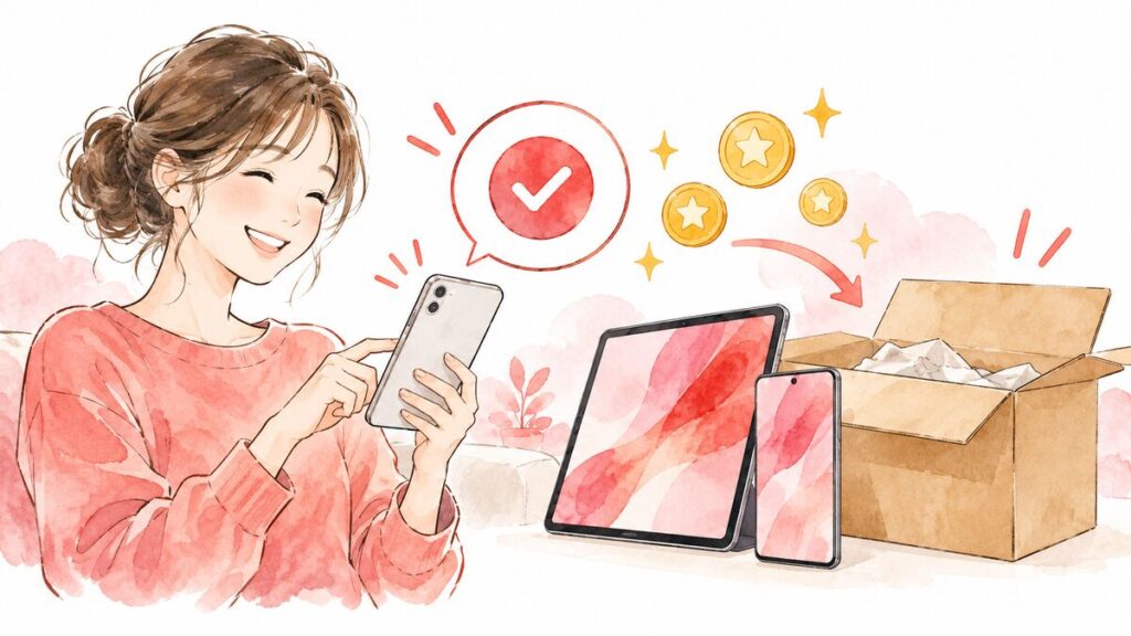 スマートフォンのオンライン決済と買い物、ポイント還元を表すイラスト