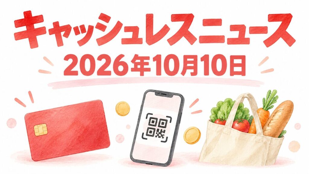 2026年10月10日のキャッシュレスニュース。スマートフォン、カード、食料品の買い物袋のイラスト