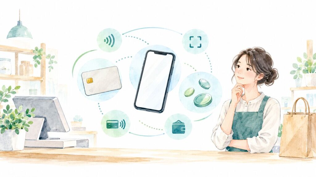 店主がスマートフォンやカードなど複数の支払い方法を検討するイラスト