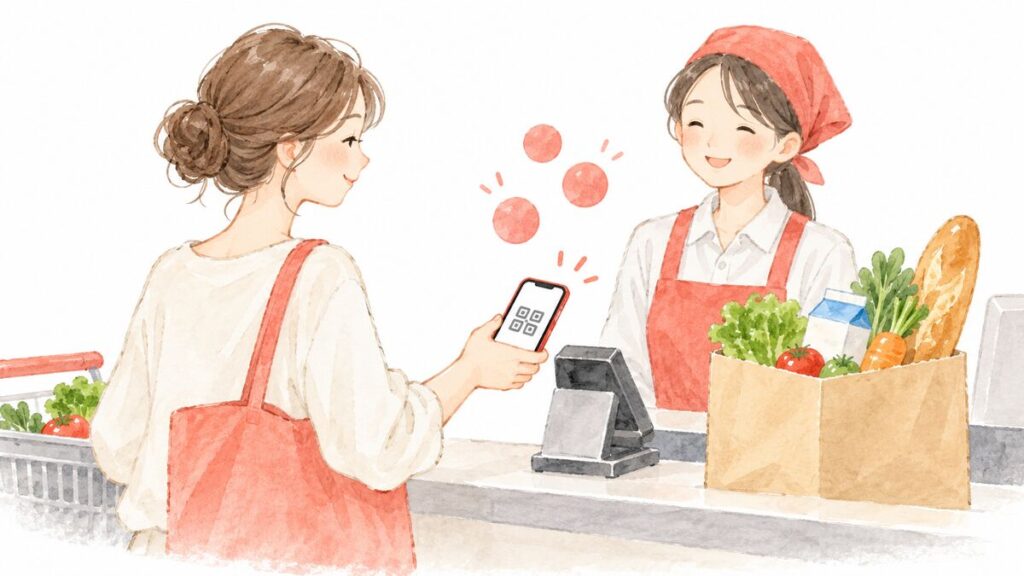 スーパーのレジでスマートフォンのコード決済を使い、食料品を買う場面のイラスト