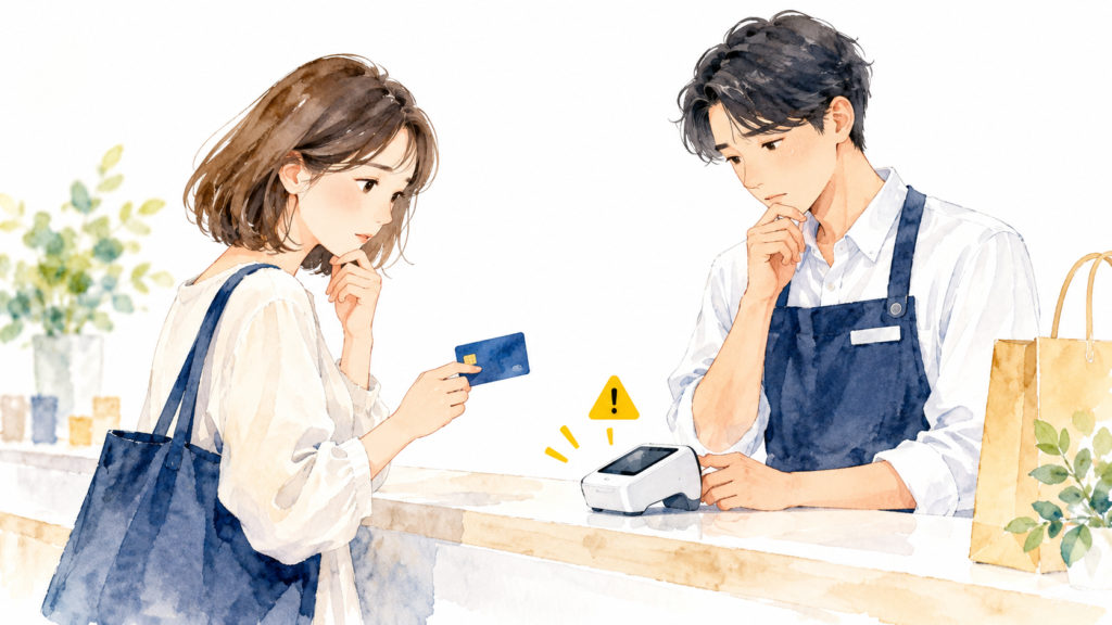 店舗でカード決済の結果を確認する買い物客と店員のイラスト