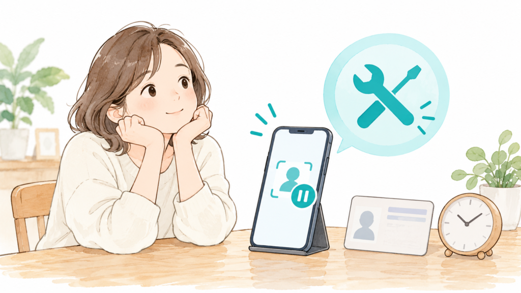 スマートフォンの本人確認手続きを待つ人と身分証と時計のイラスト