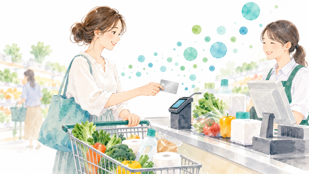 スーパーでカードを使って食料品を買う人のイラスト