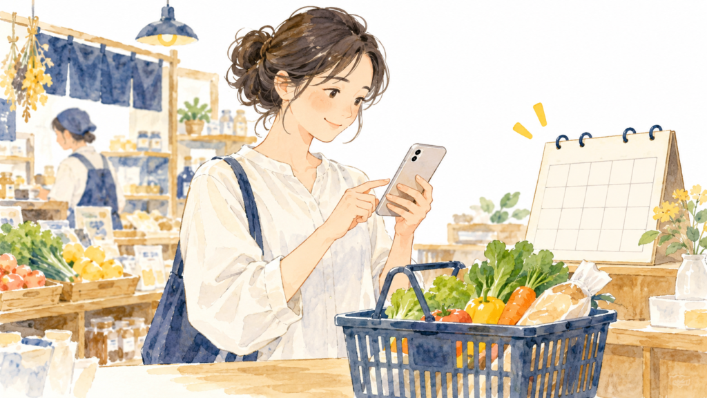 地方の商店でスマートフォンと買い物予定を確認する人のイラスト