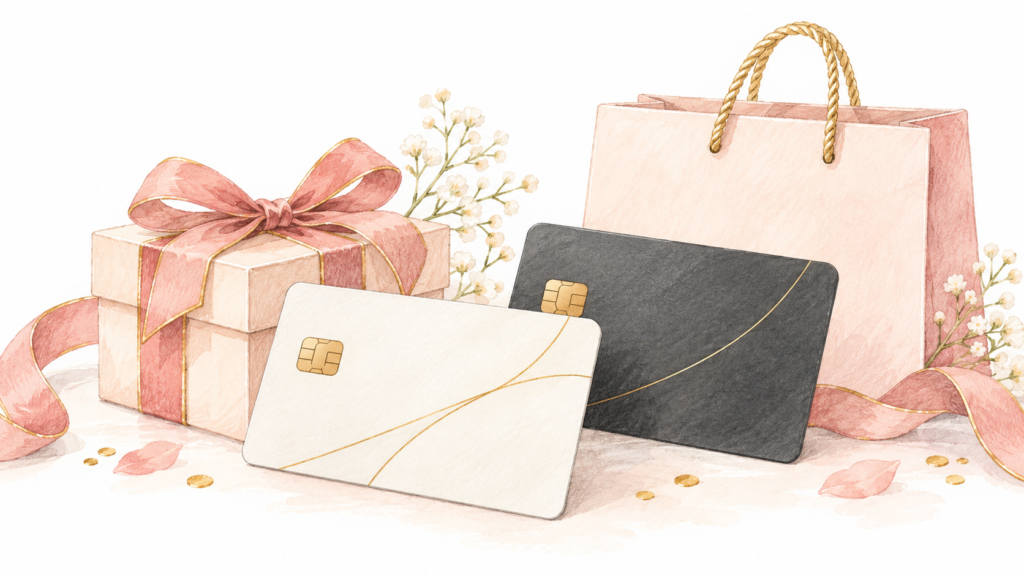 白と黒のカード、ギフトと買い物袋のイメージ