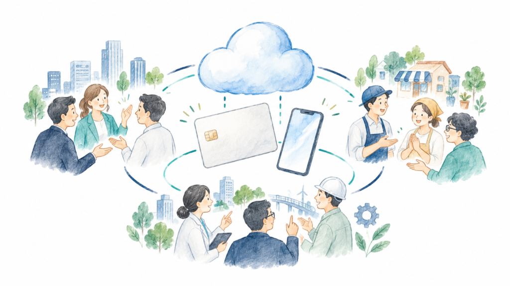 企業やコミュニティーがカード基盤で連携する構想のイメージ