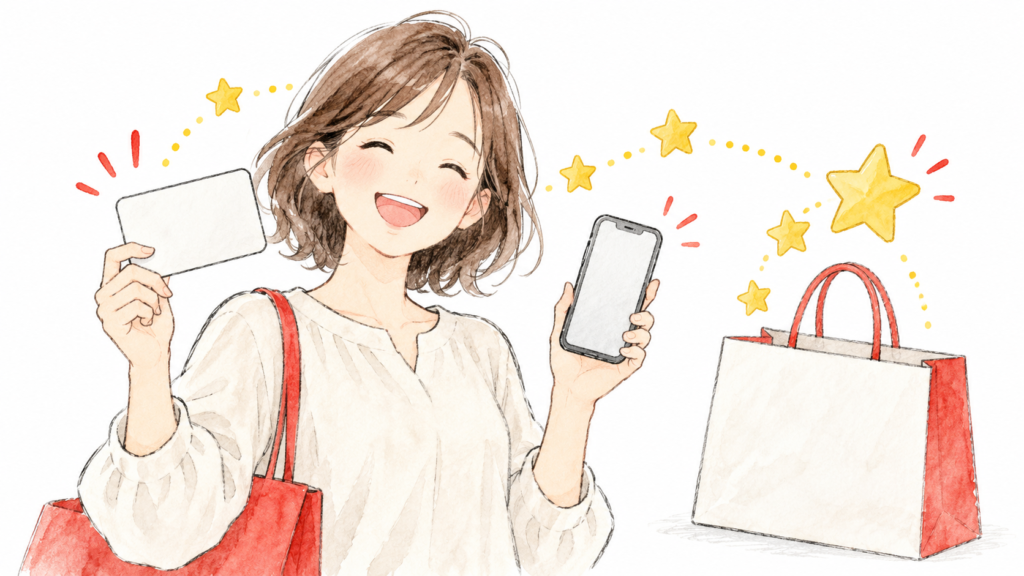 買い物でポイントカードを提示する利用者とスマートフォンのイラスト