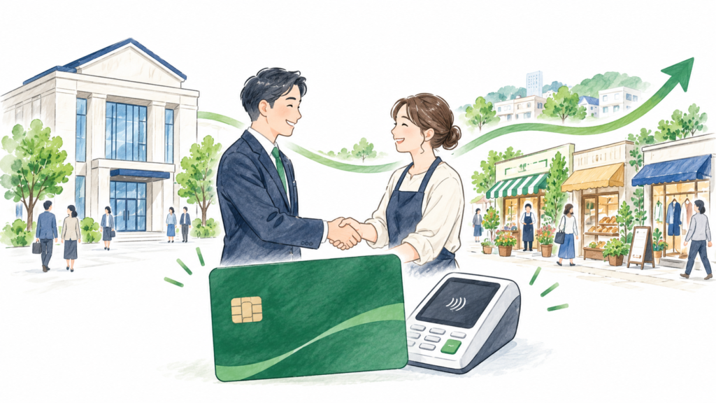 銀行と地域の店舗の連携を象徴するカードと握手のイラスト