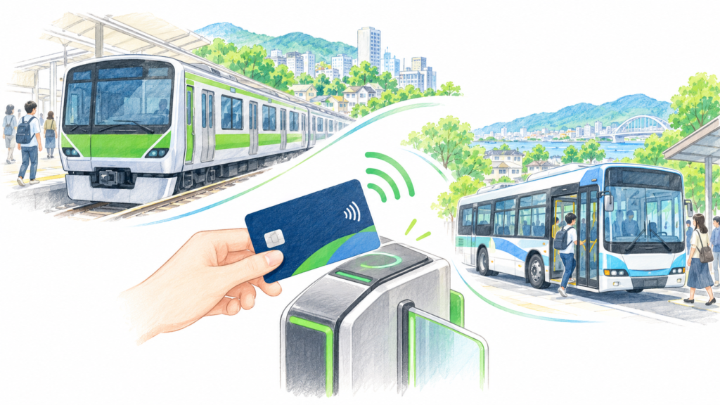 鉄道とバスのタッチ乗車を表すカードと改札のイラスト