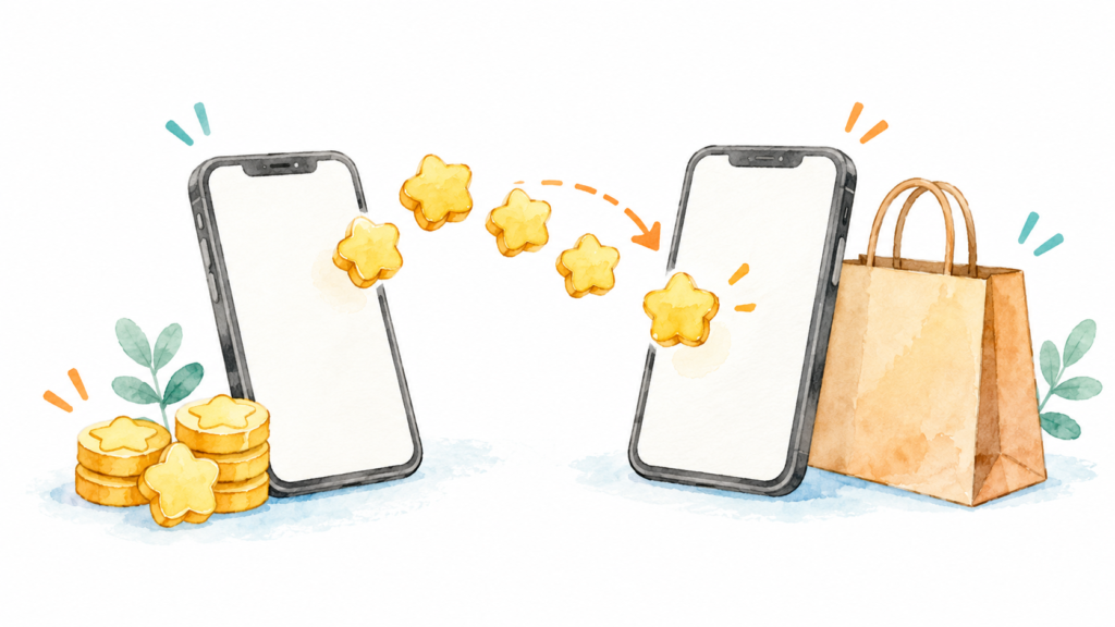 スマートフォン間でポイントを交換し買い物残高へ移すイメージ