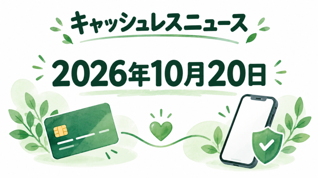 2026年10月20日のキャッシュレスニュース。白背景と緑のカード・スマートフォン