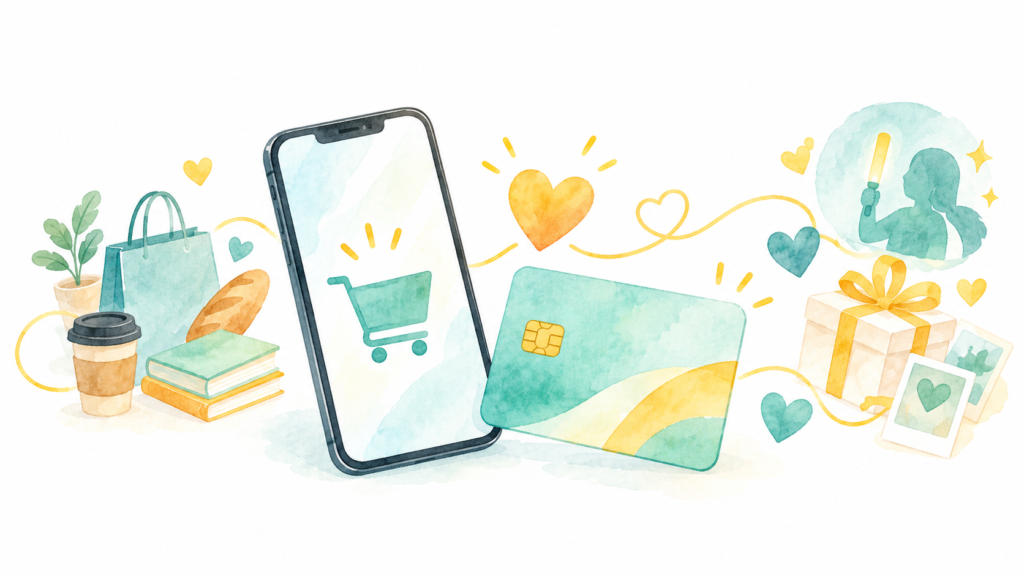 スマートフォンと前払いカード、応援の気持ちと特典を表したイラスト