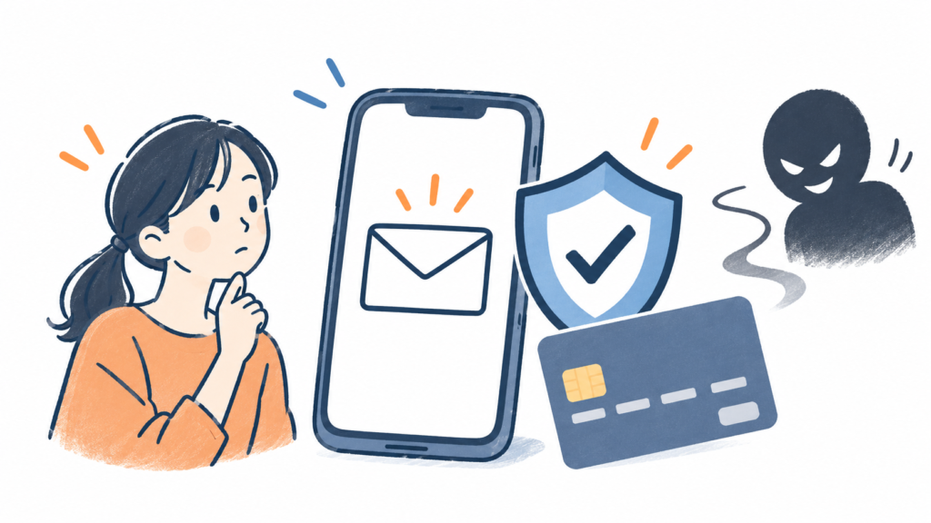 不審なメールを確認する人と、スマートフォン・カードを守る盾のイラスト