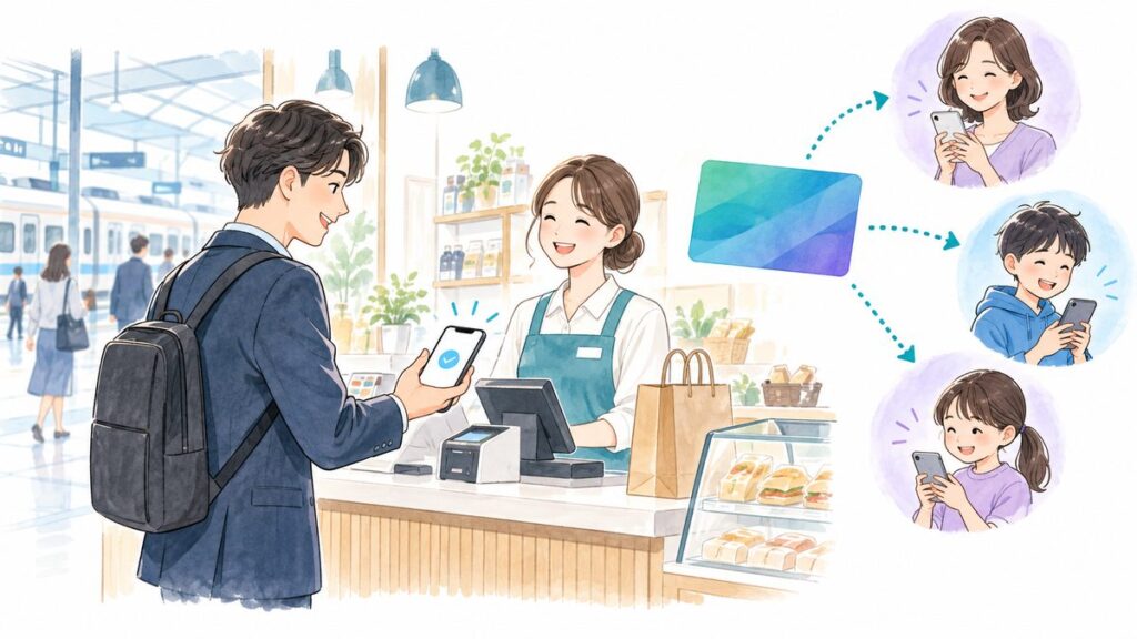 駅ナカ店舗でスマートフォン決済を使い、家族へ残高を送るイメージ