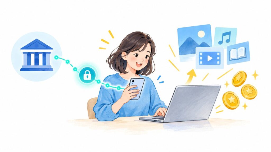銀行口座と連携したスマートフォン決済でデジタルコンテンツを購入するイメージ