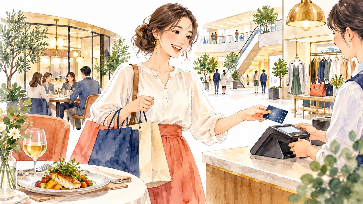 レストラン街と専門店でクレジットカード決済をするイメージ